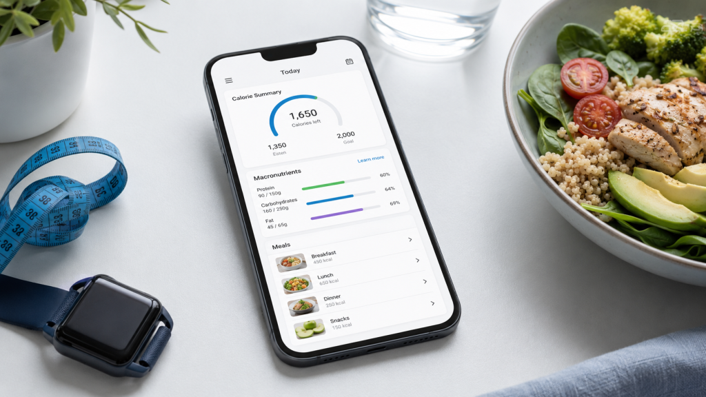 Smartphone displaying a calorie and macronutrient tracking dashboard