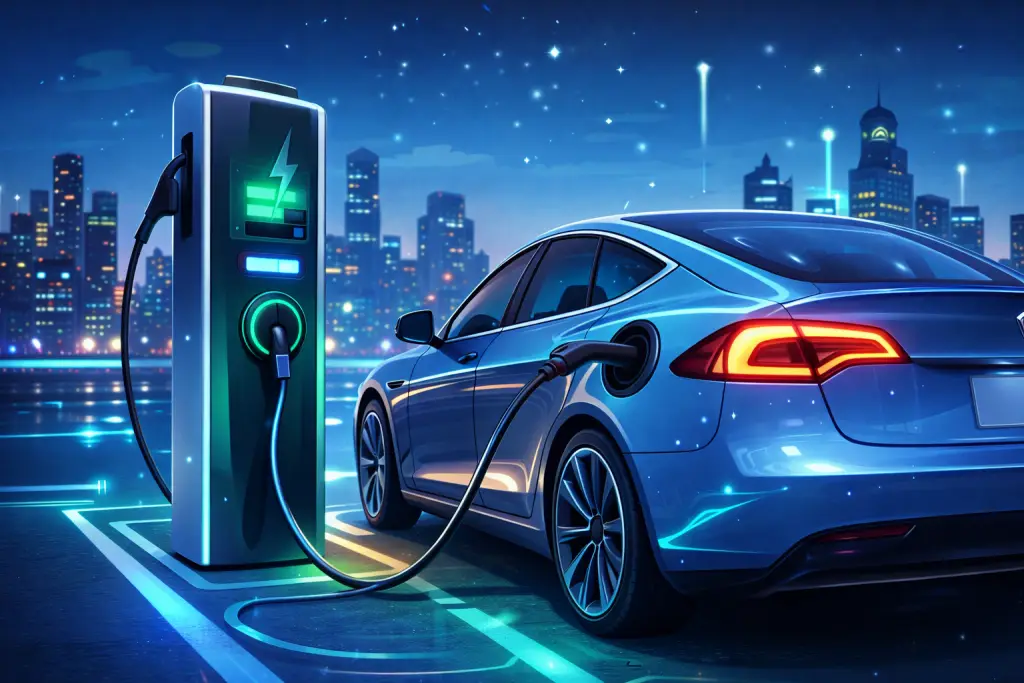 Electric car connected to a charging station against a city skyline at night