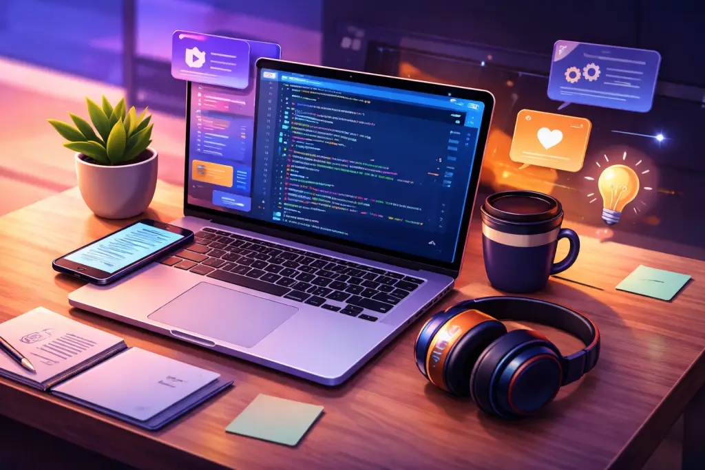 Laptop displaying software code with a phone, headphones and coffee on a desk