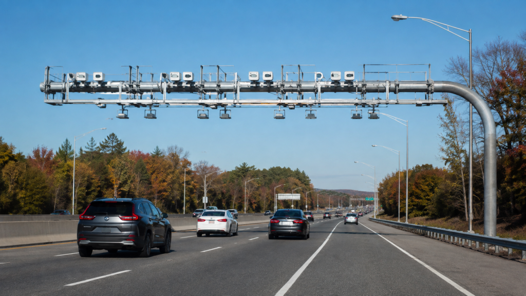 Cars passing beneath electronic toll cameras on a Massachusetts highway