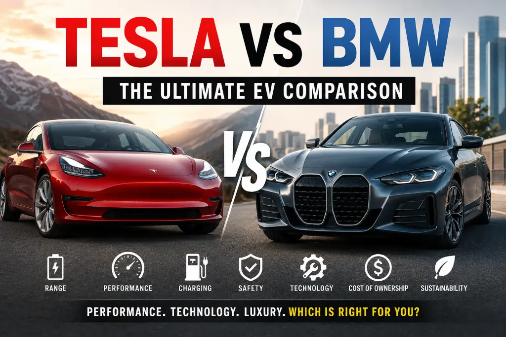 Tesla vs BMW comparison featuring a Tesla Model 3 and BMW i4 electric car, highlighting performance, range, charging, technology, safety, and ownership costs.