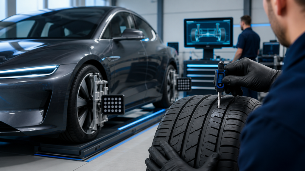 EV tire wear inspection showing electric car tread depth and pressure