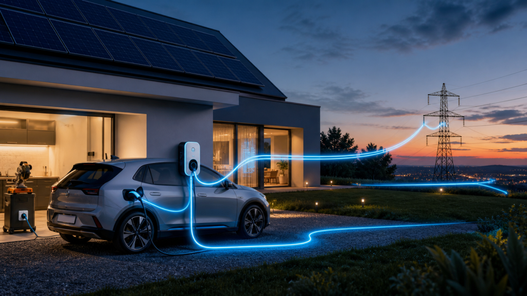 Bidirectional EV charging connecting a car home and power grid