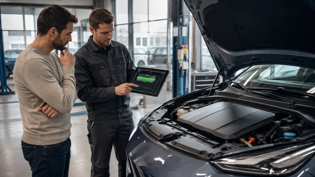 Used electric car buyer reviewing an EV battery health diagnostic