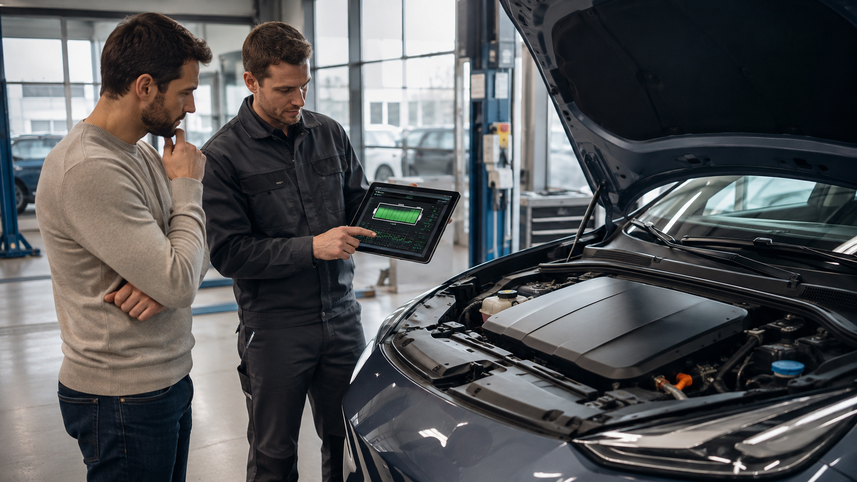 Used EV Battery Health Check Used electric car buyer reviewing an EV battery health diagnostic