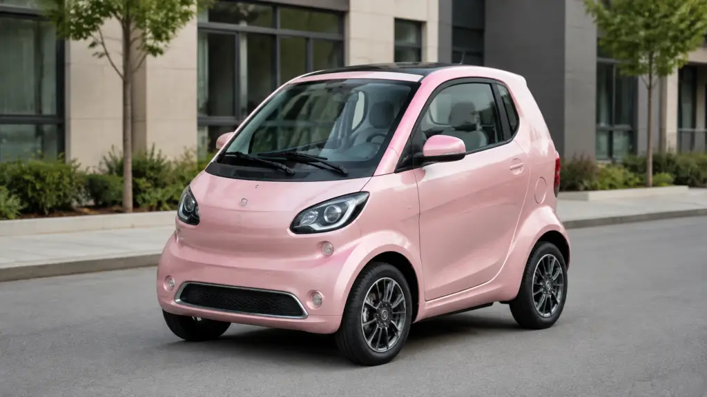 Compact pink electric microcar for adults parked on a city street