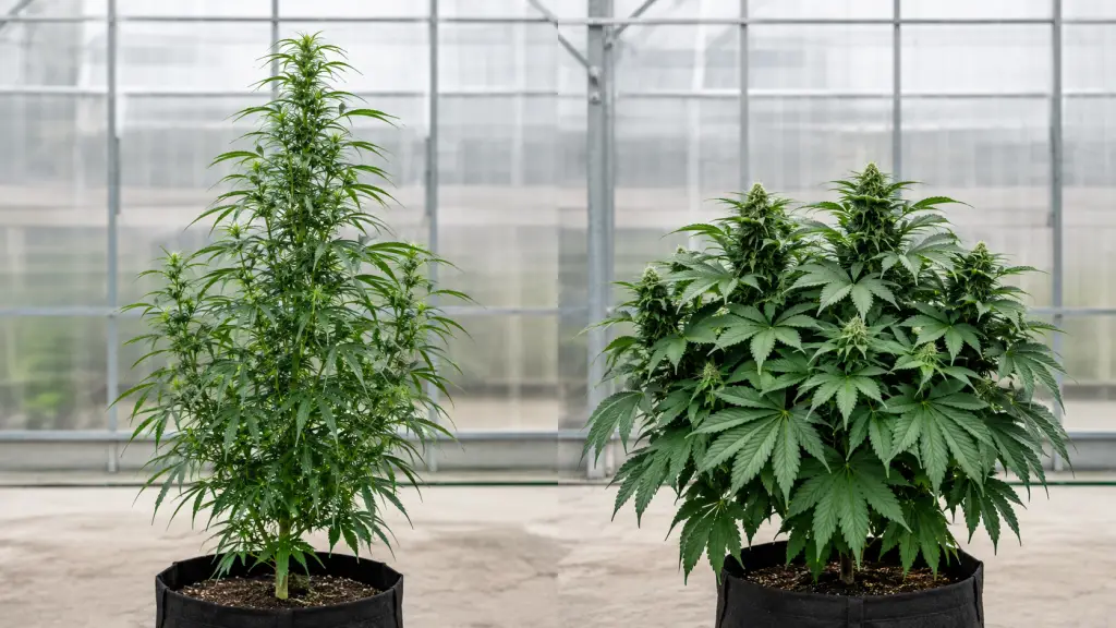 Tall narrow-leaf and short broad-leaf cannabis plants compared side by side