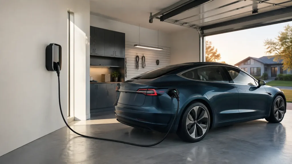 Electric car connected to a Level 2 home charger in a residential garage