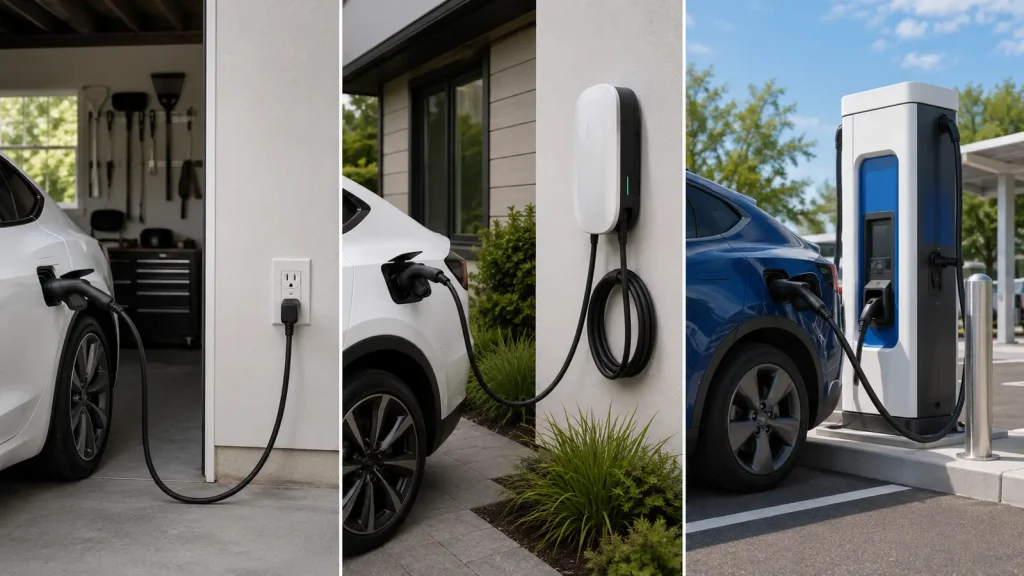 Comparison of Level 1 outlet, Level 2 home charger and public DC fast charger