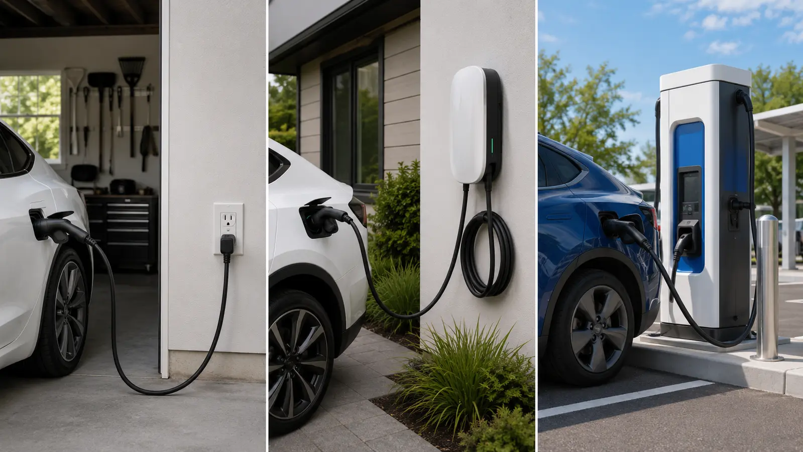 Comparison of Level 1 outlet, Level 2 home charger and public DC fast charger
